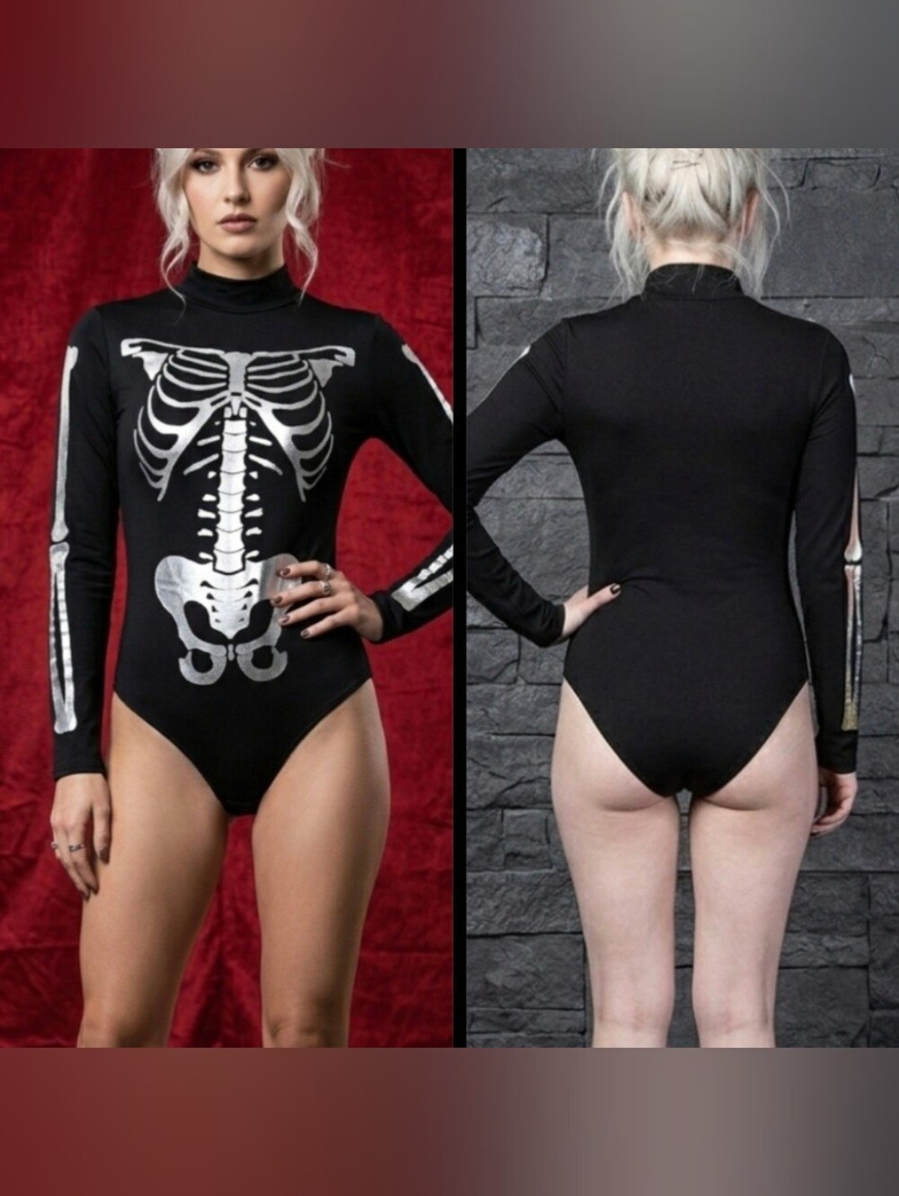 Gaze blk metallic glitter skeleton ribcage anatomy graphics bodysuit M NWOT